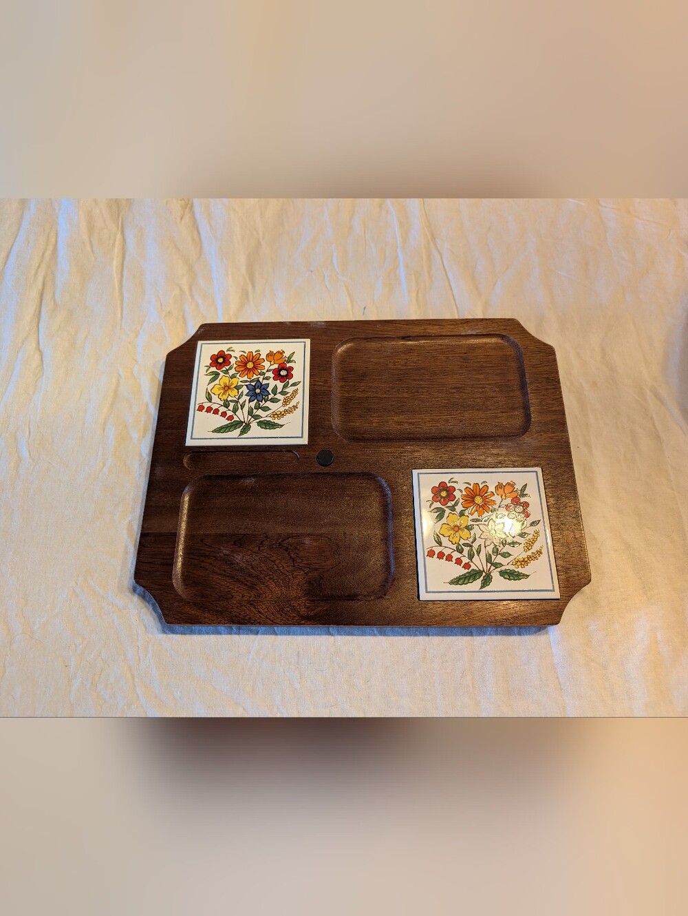 2/50$ Wood Serving Tray/ Charcuterie Board with Floral Ceramic Tiles - Brown